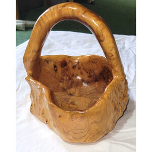 Vintage Burl Wood Handmade Handle Decorative Trinket Handle Basket 7"Wx8"Hx3"D